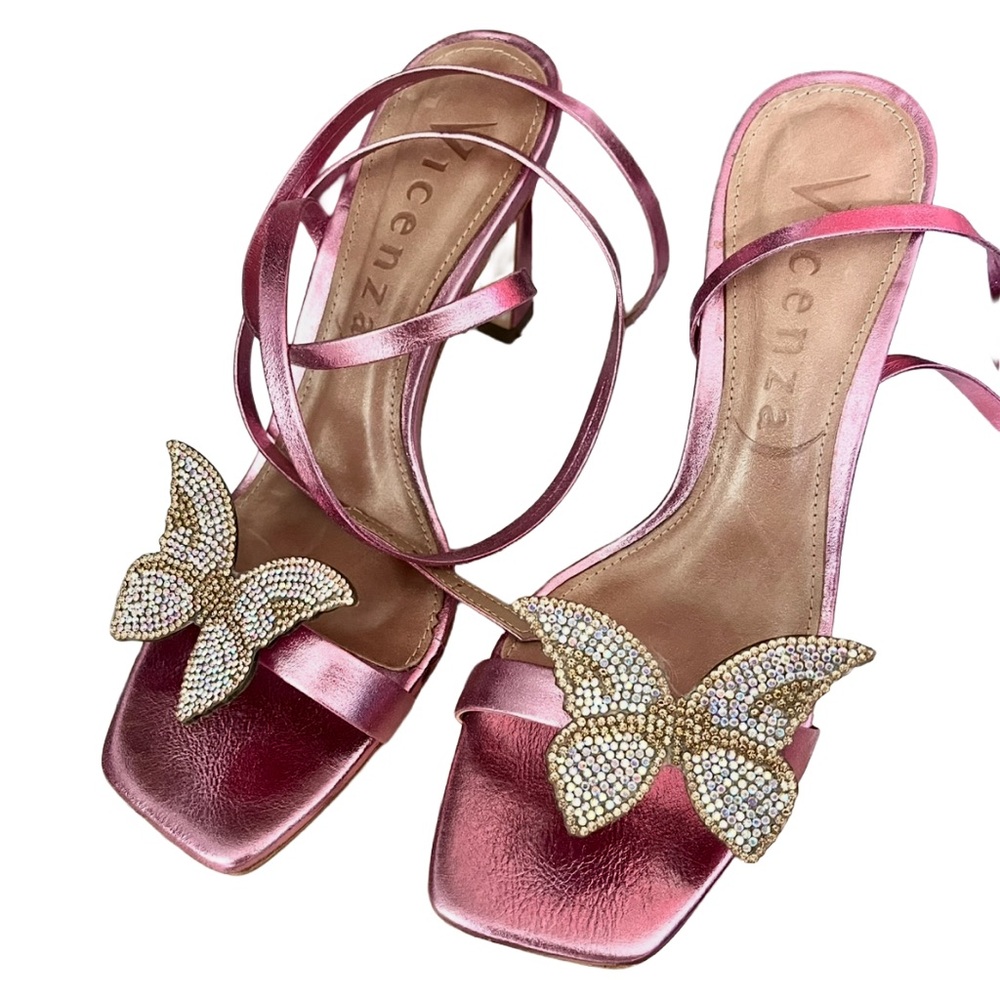 Vicenza Embellished Rhinestone Butterfly Wrap Heels Metallic Pink